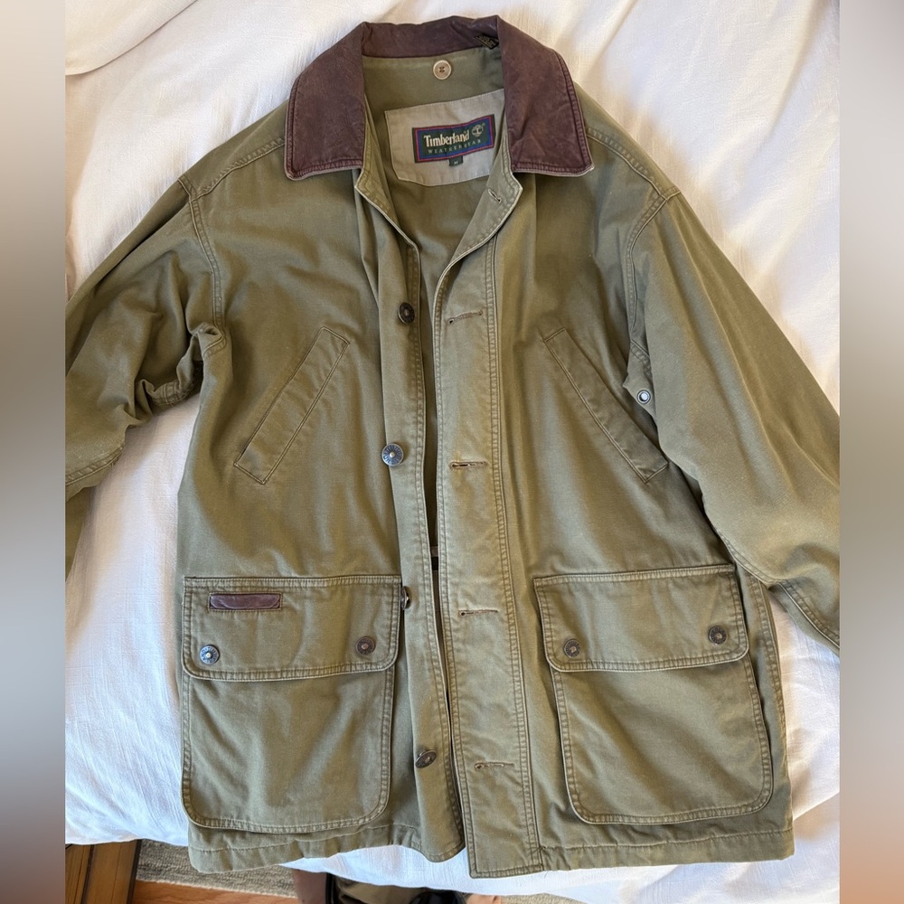 Vintage Men’s Timberland Khaki Field Jacket with Brown Accents